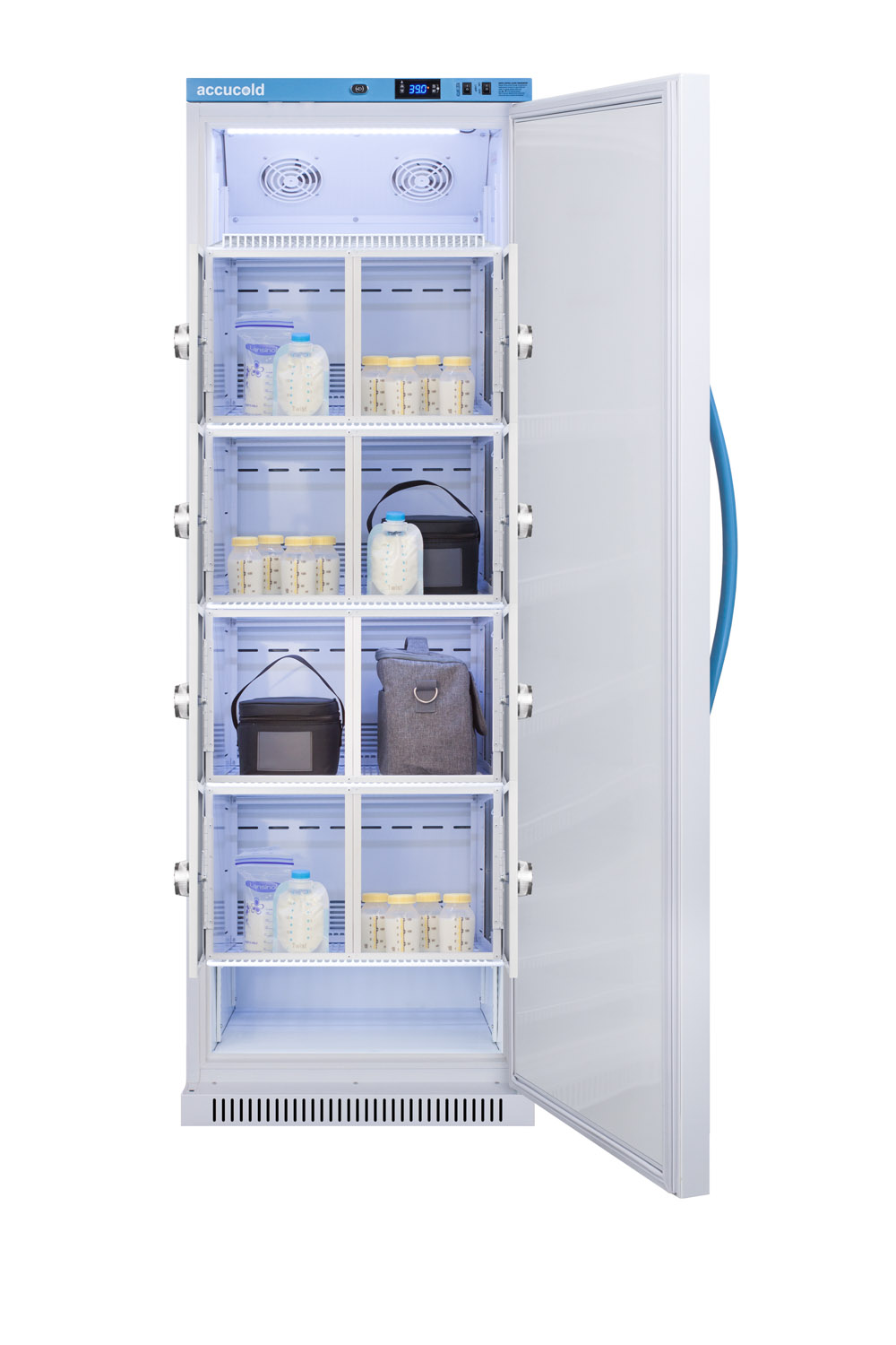 Purpose-built all-refrigerator for breast milk storage with 8 interior locking compartments, antimicrobial silver-ion handle, and hospital grade cord with 'green dot' plug